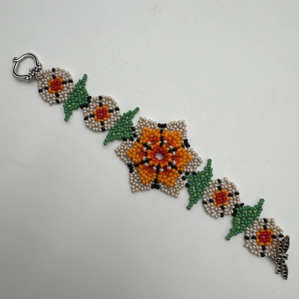Chaquira Flower Huichol Beaded Bracelet Handmade Floral Vintage Dragonfly Clasp